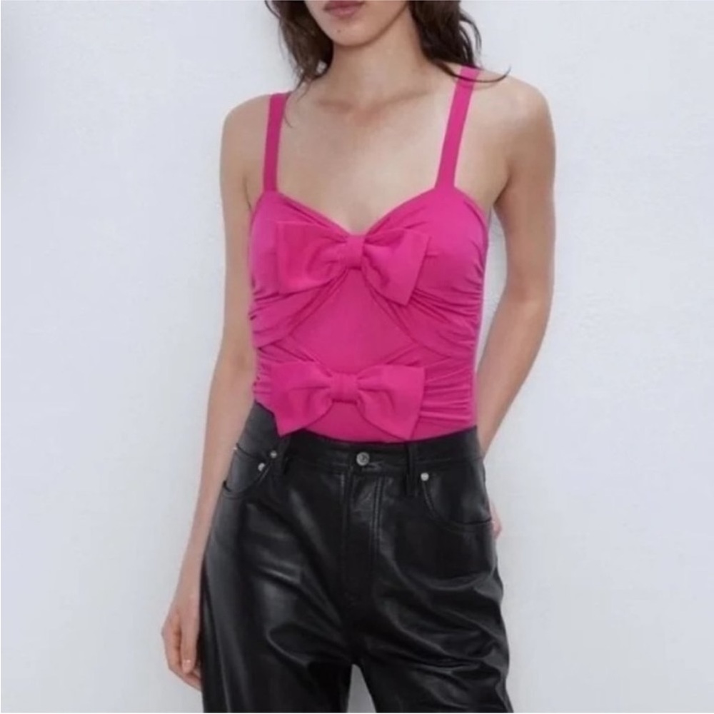 Zara Hot Pink Bows Tank Bodysuit Size S